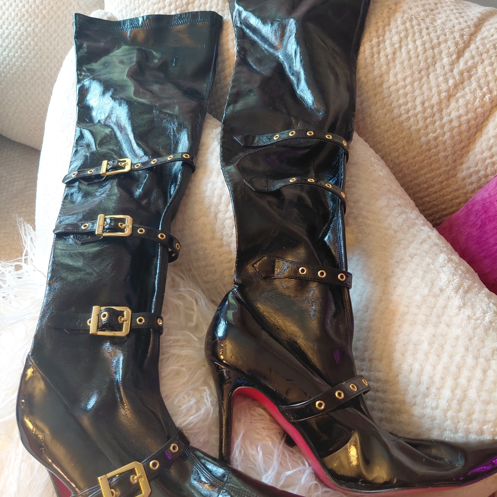 Colin Stuart Black Patent Heeled Boots with Gold Buckles